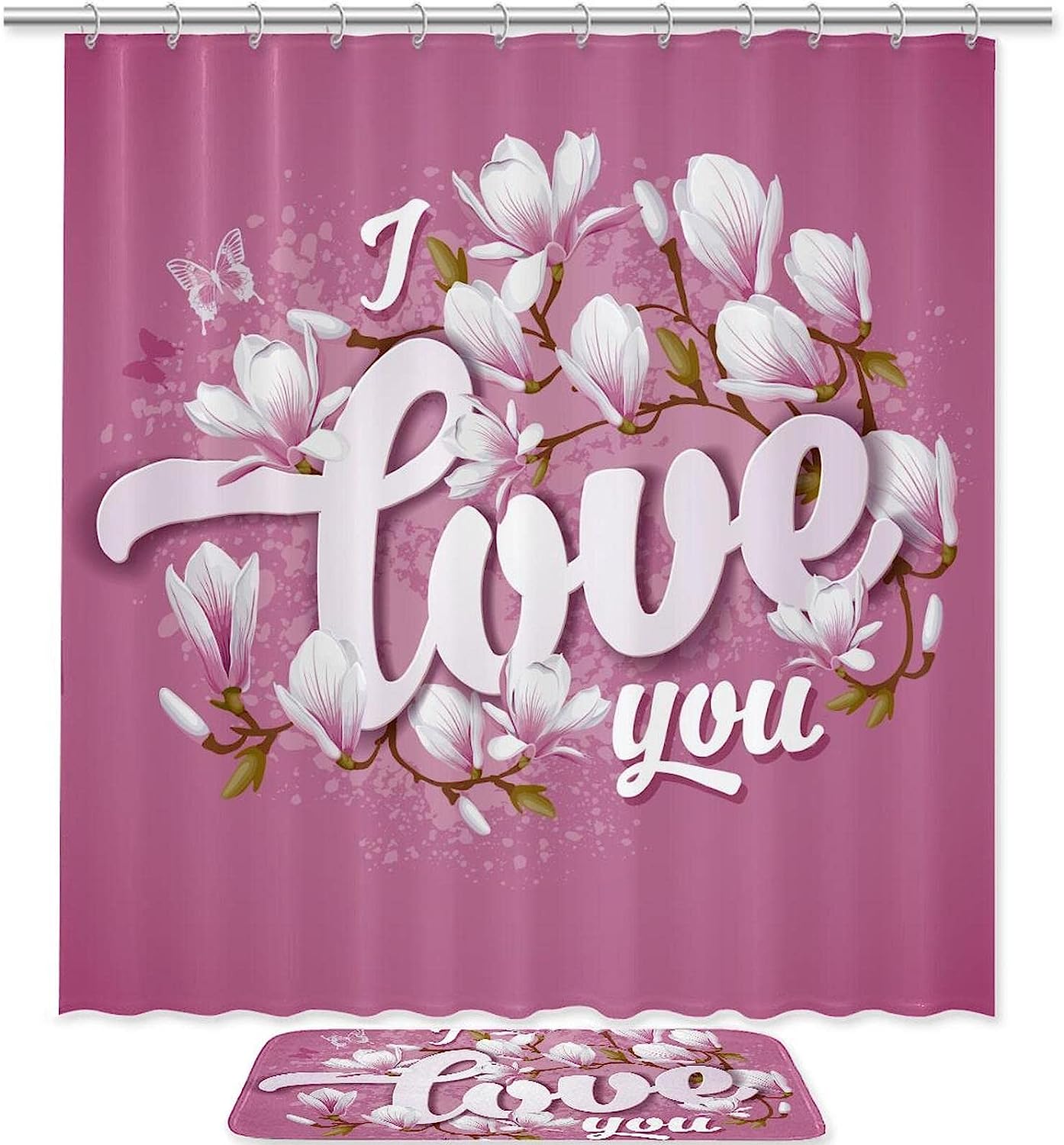 I Love You Magnolia Print Shower Curtain, Colorful Waterproof Bathroom Decor
