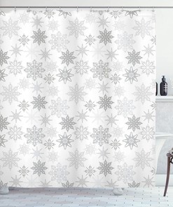 Icy Crystals Abstract Winter Shower Curtain, Grey White Cloth Fabric Bathroom Decor