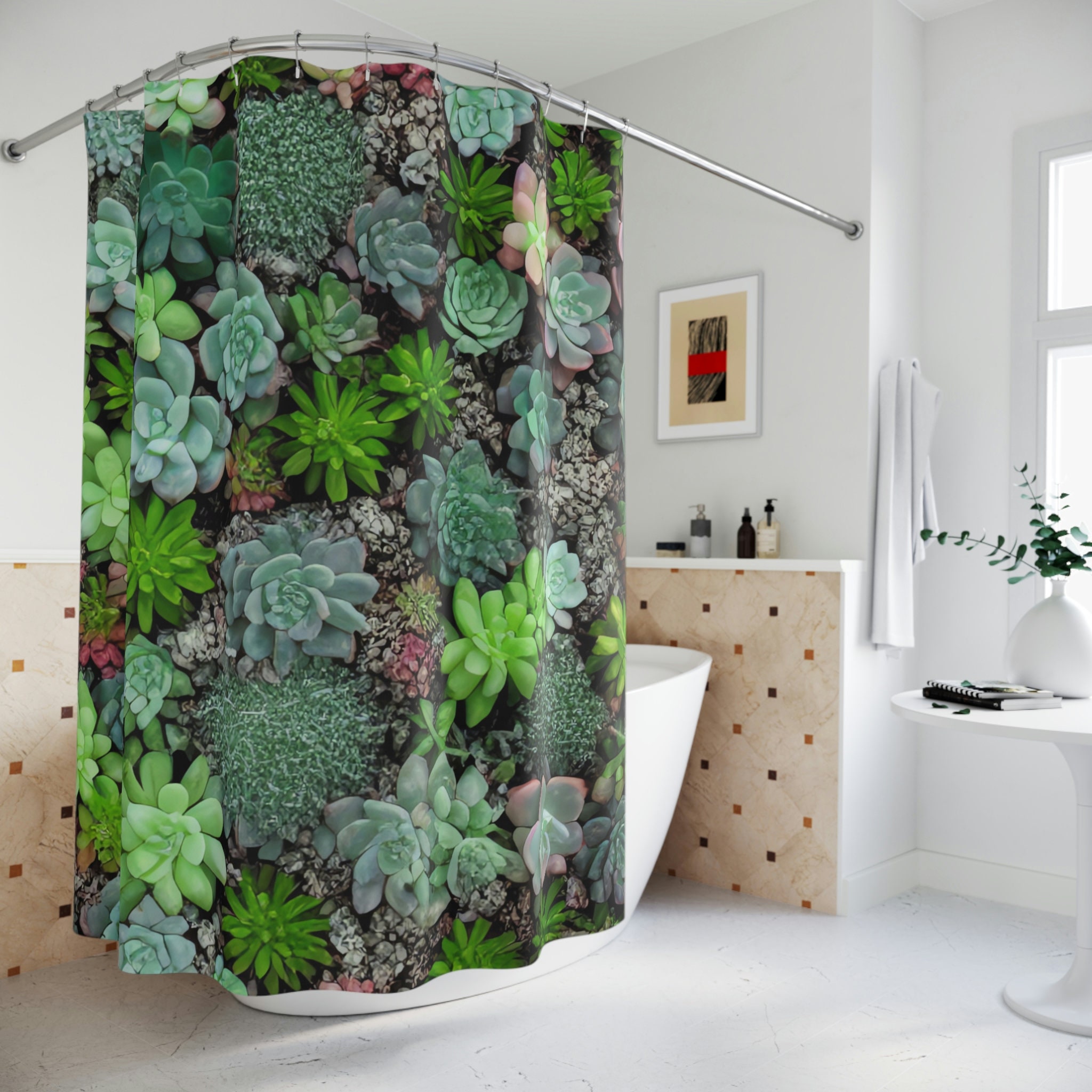 Idea Botanical Shower Curtain, AI Art Print, Modern Bathroom Decor, Stunning Succulent Pattern