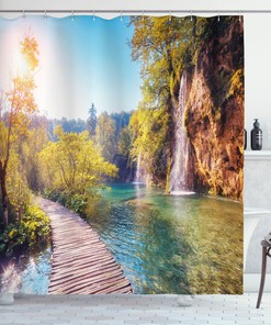 Idyllic Lake Waterfall Print Shower Curtain for a Dreamy and Serene Bathroom Atmosphere