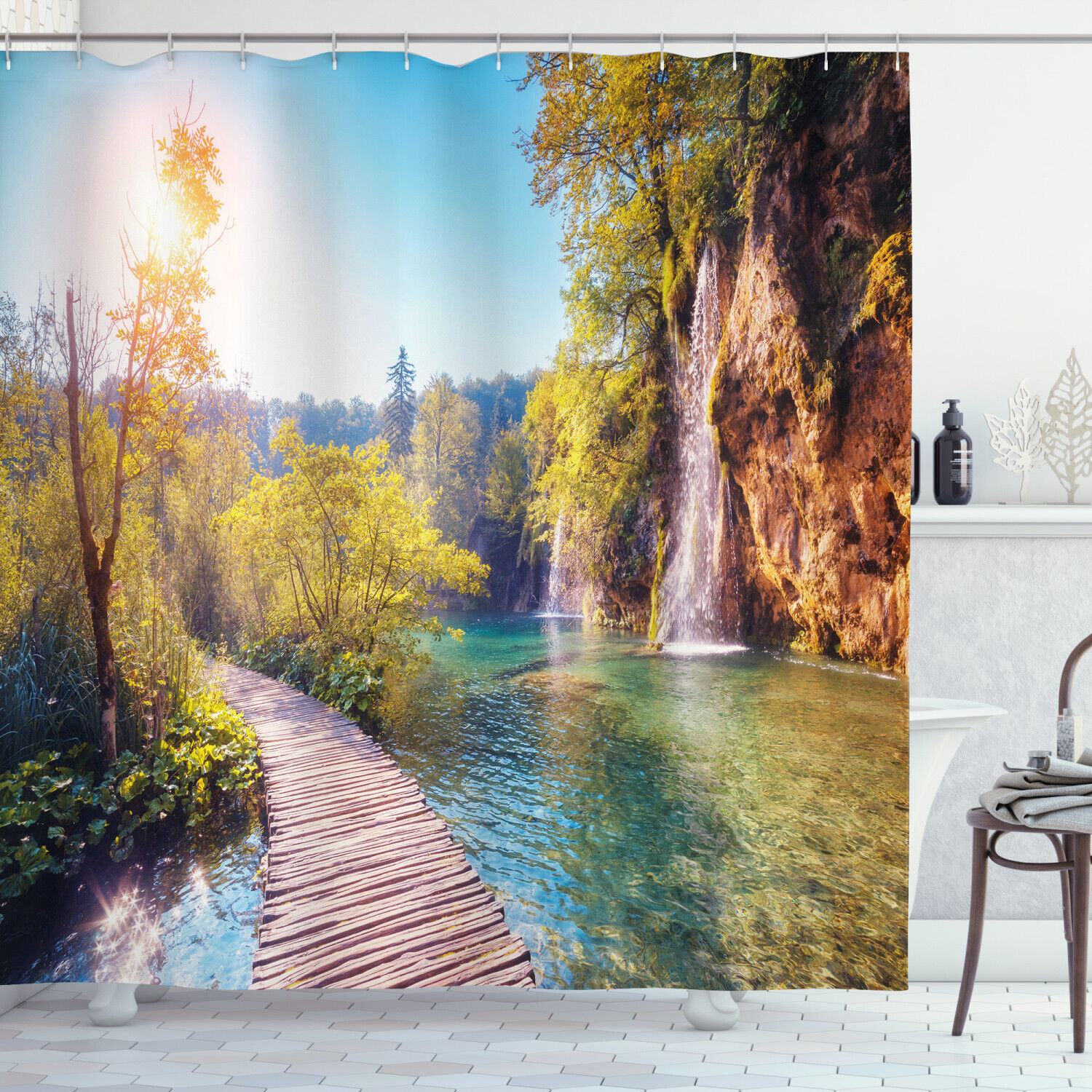 Idyllic Lake Waterfall Print Shower Curtain for a Dreamy and Serene Bathroom Atmosphere