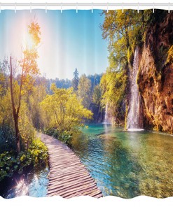 Idyllic Lake Waterfall Print Shower Curtain for a Dreamy and Serene Bathroom Atmosphere