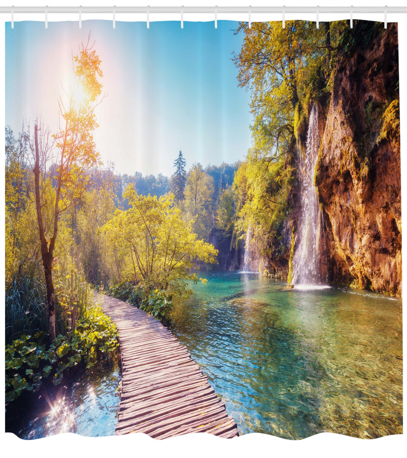 Idyllic Lake Waterfall Print Shower Curtain for a Dreamy and Serene Bathroom Atmosphere