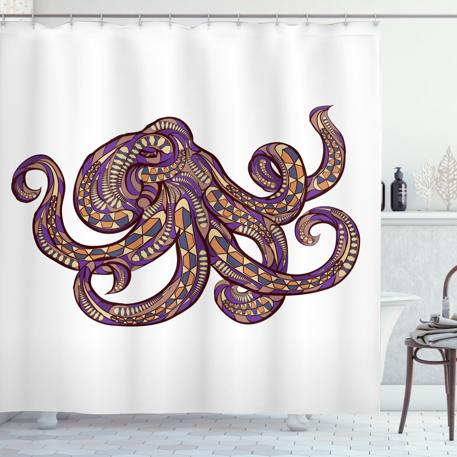 Illustration of Octopus and Tribal Print Shower Curtain for Bathroom Decor