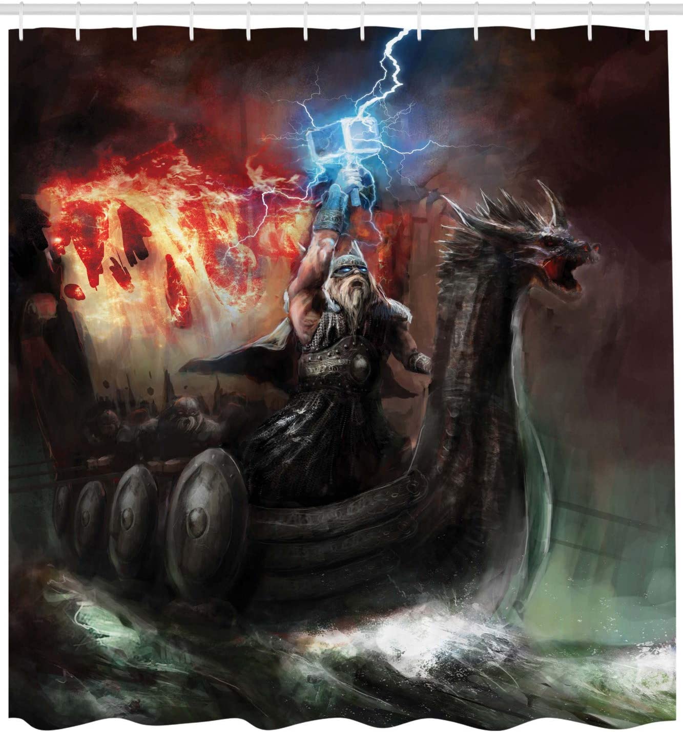 Imaginary Viking Animal Head Storm Rays Shower Curtain - Dragon Cloth Fabric Bathroom Decors - Image 2
