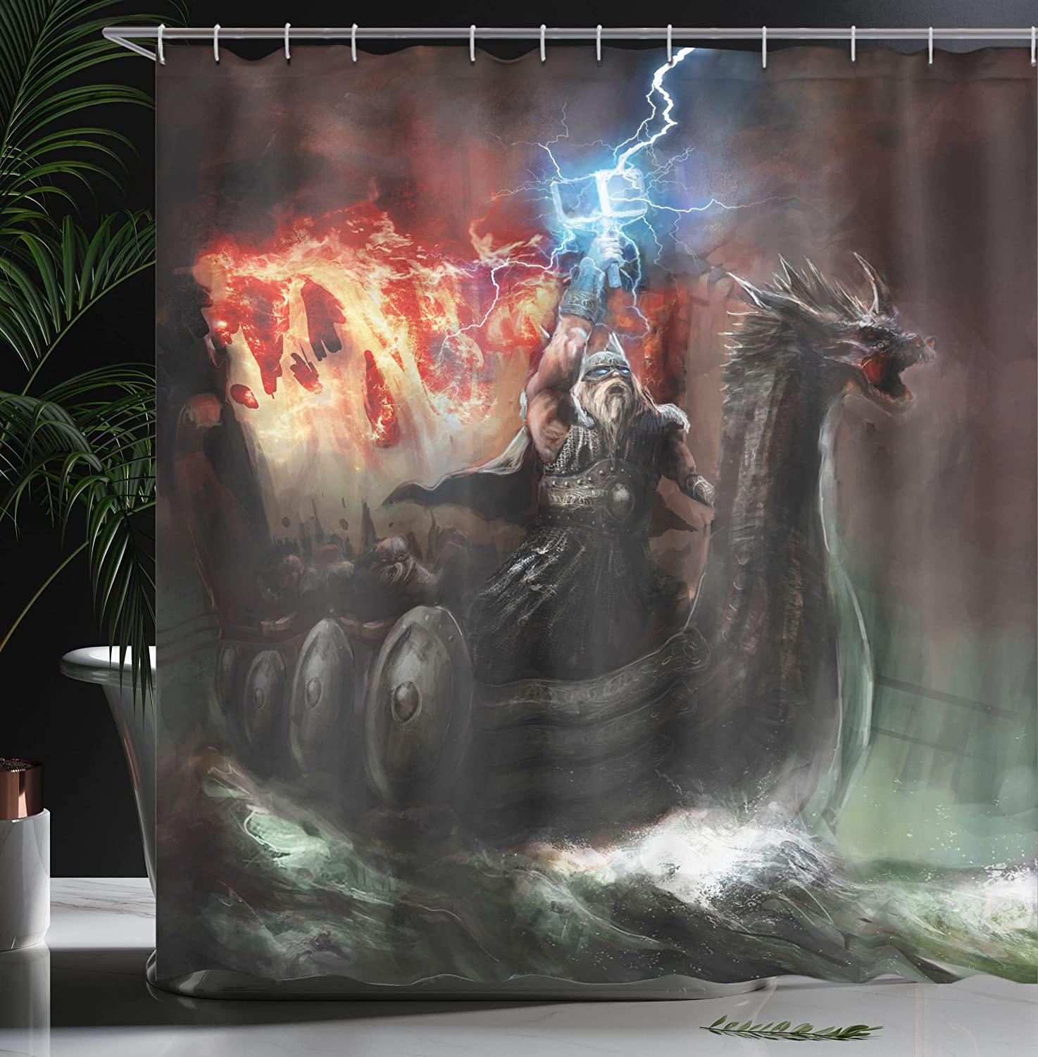 Imaginary Viking Animal Head Storm Rays Shower Curtain - Dragon Cloth Fabric Bathroom Decors - Image 3