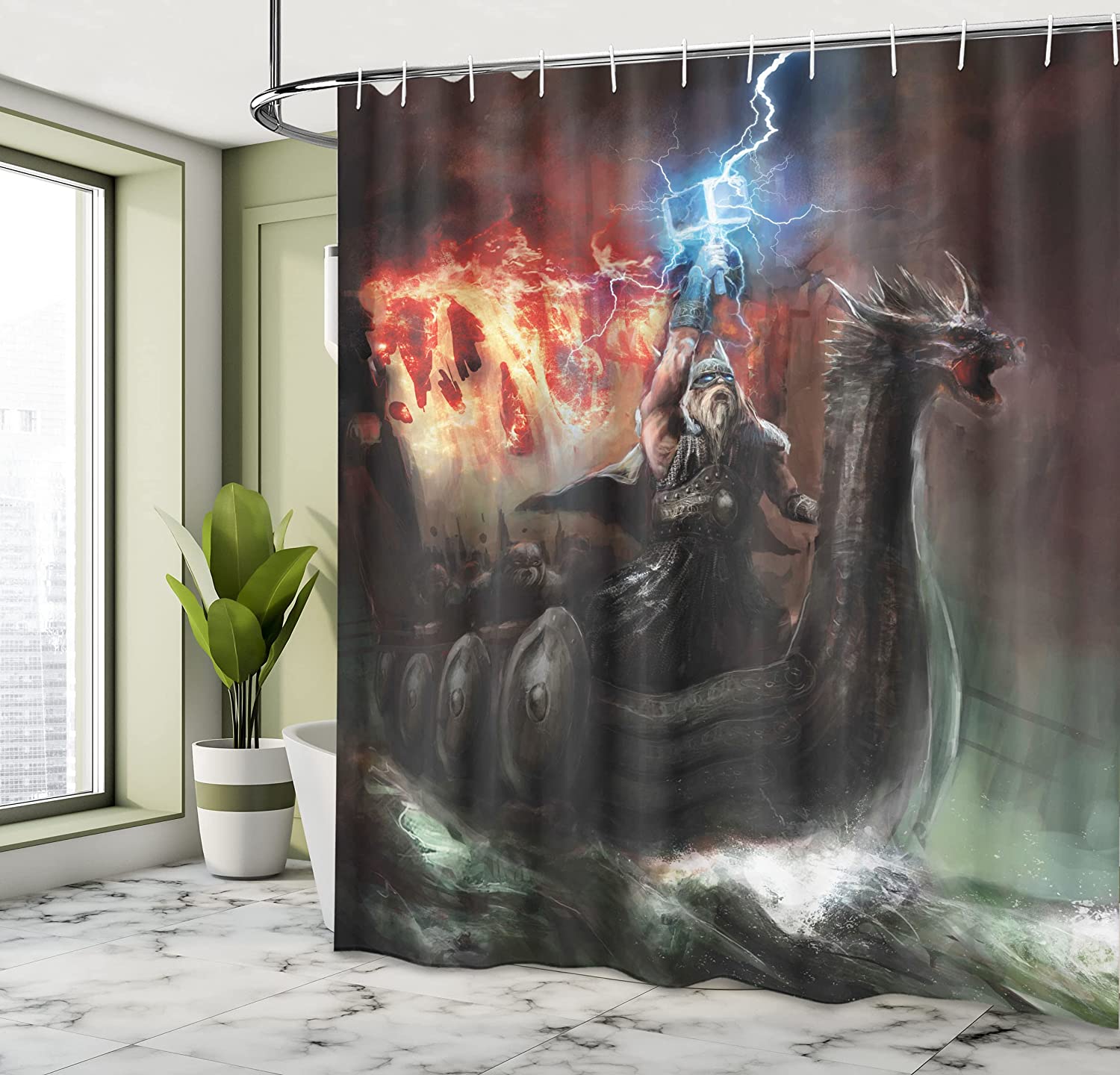 Imaginary Viking Animal Head Storm Rays Shower Curtain - Dragon Cloth Fabric Bathroom Decors - Image 4