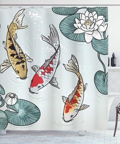Important Cultures Pond Water Lilys Shower Curtain, Cloth Fabric Bathroom Decor in Pale Blue and Color