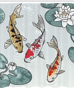 Important Cultures Pond Water Lilys Shower Curtain, Cloth Fabric Bathroom Decor in Pale Blue and Color