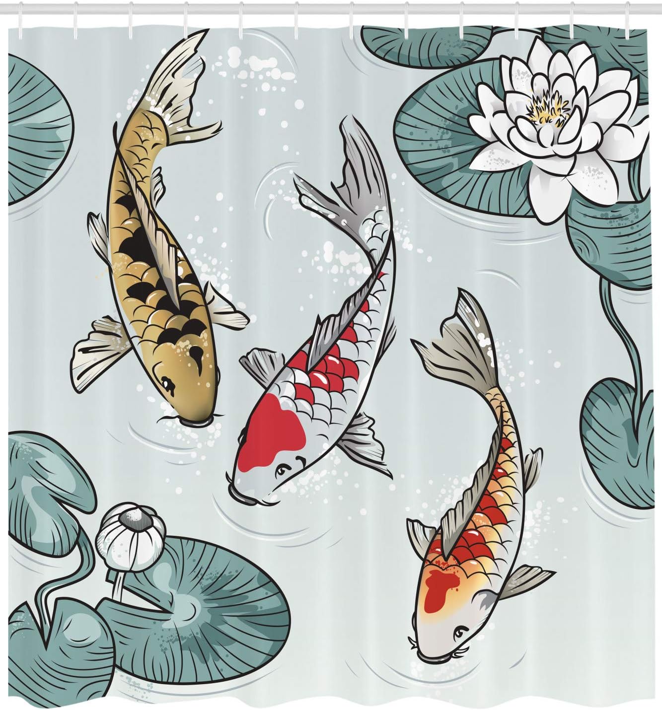 Important Cultures Pond Water Lilys Shower Curtain, Cloth Fabric Bathroom Decor in Pale Blue and Color