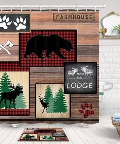 Impressive Country Style Rustic Lodge Bear Moose Shower Curtain Set - Ideal For Rustic Bathroom