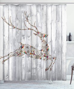 Impressive Deer Shower Curtain With Colorful Animal Silhouette And Christmas Elements Print