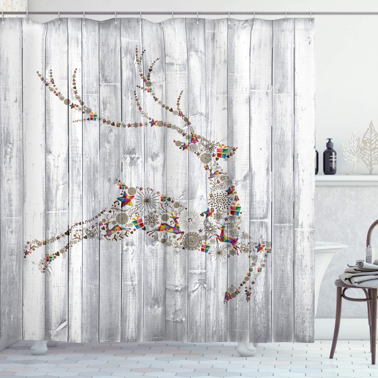 Impressive Deer Shower Curtain With Colorful Animal Silhouette And Christmas Elements Print