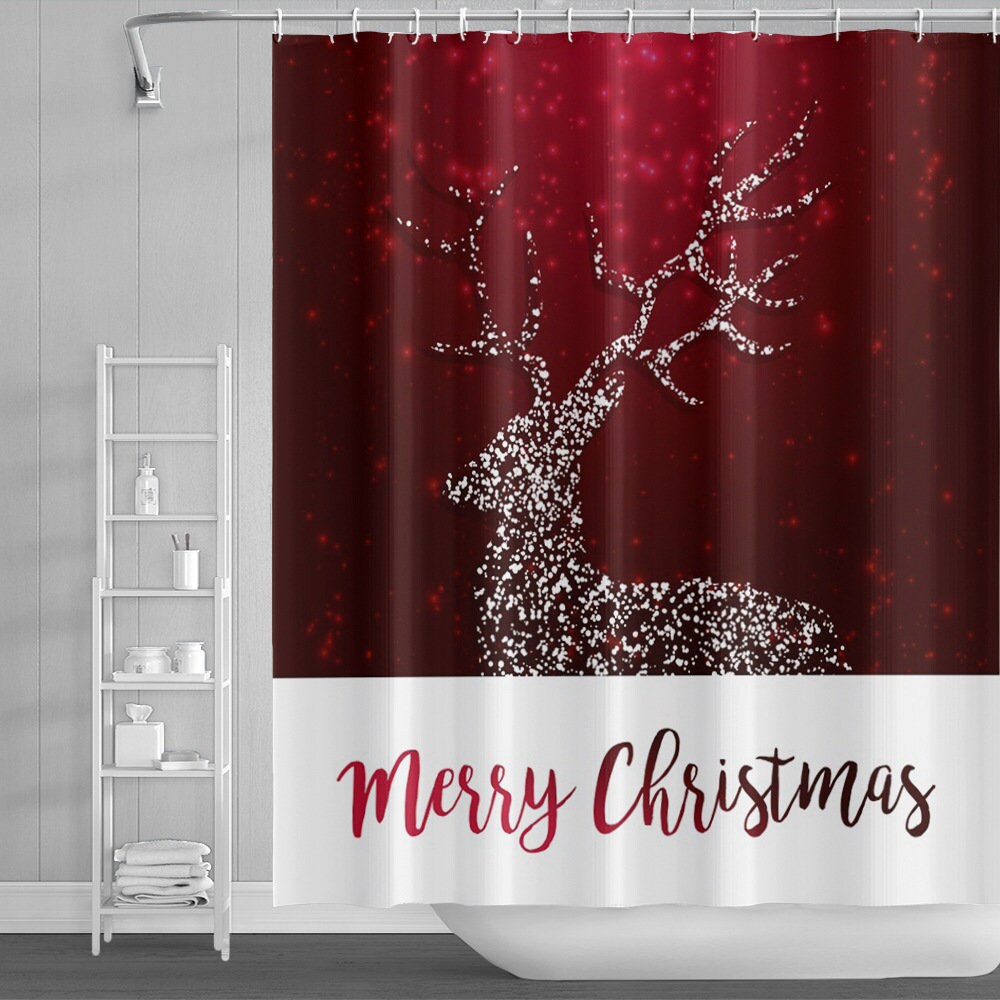 Impressive Deer Shower Curtain With Colorful Animal Silhouette And Christmas Elements Print - Image 2