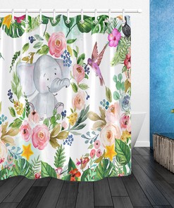 Incredibly Cute Watercolor Floral Little Elephant and Hummingbirds Shower Curtain for Kids' Bathrooms