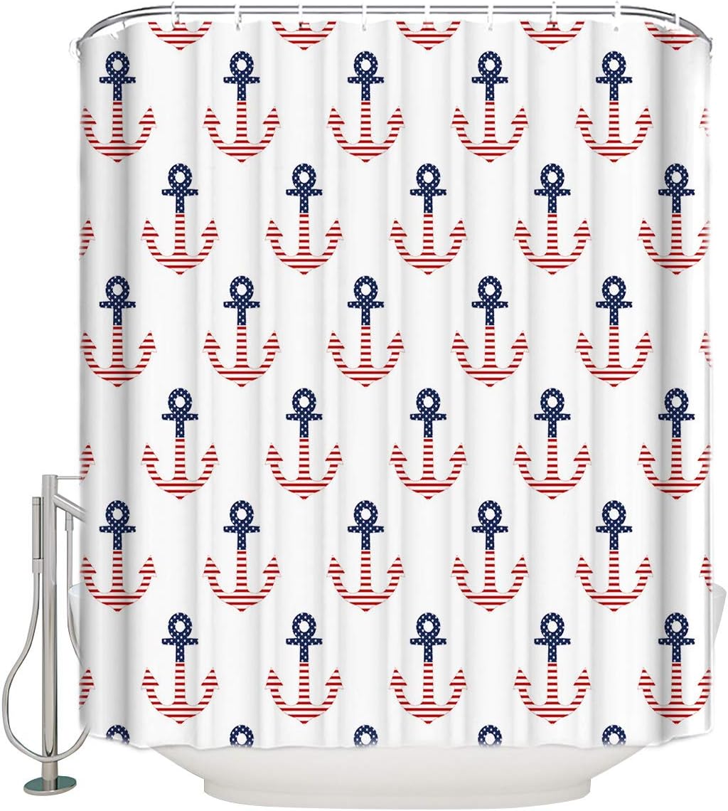 Independence Day American Nautical Anchor Theme Shower Curtain for Patriotic Bathroom Decor