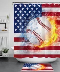 Independence Day Baseball Shower Curtain- Red Blue Stripe Design For Bathroom