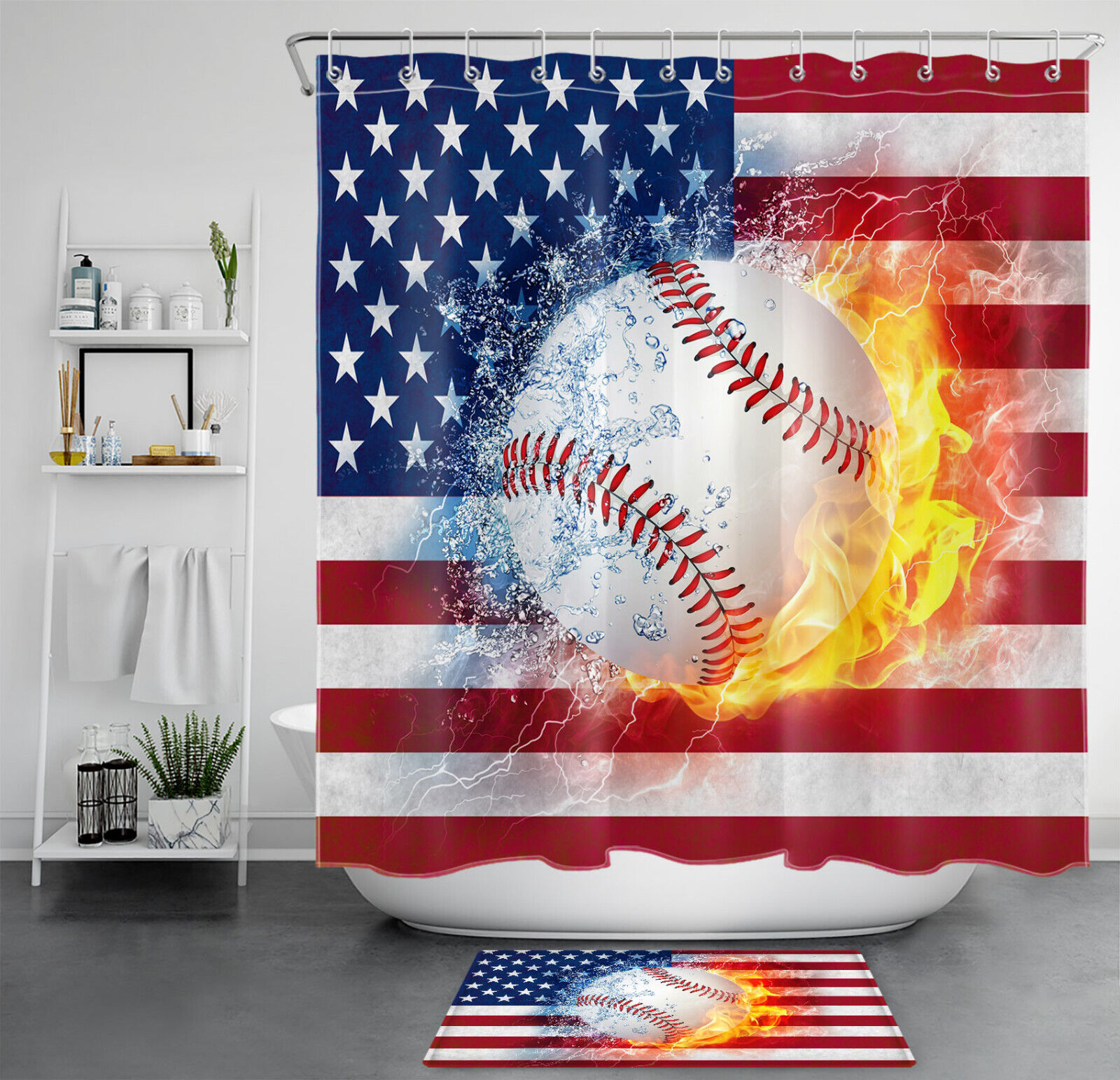 Independence Day Baseball Shower Curtain- Red Blue Stripe Design For Bathroom