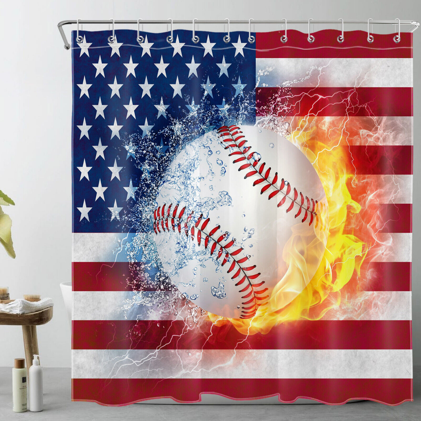 Independence Day Baseball Shower Curtain- Red Blue Stripe Design For Bathroom - Image 2