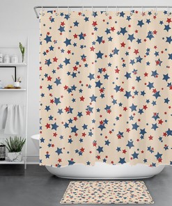 Independence Day Beige Shower Curtain with Red and Blue Star for Bathroom Decor