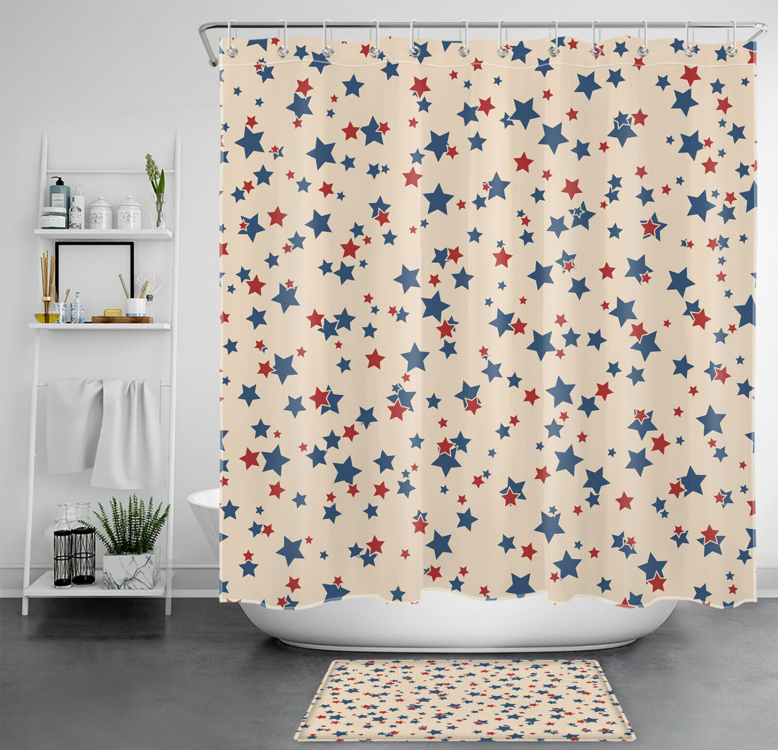 Independence Day Beige Shower Curtain with Red and Blue Star for Bathroom Decor