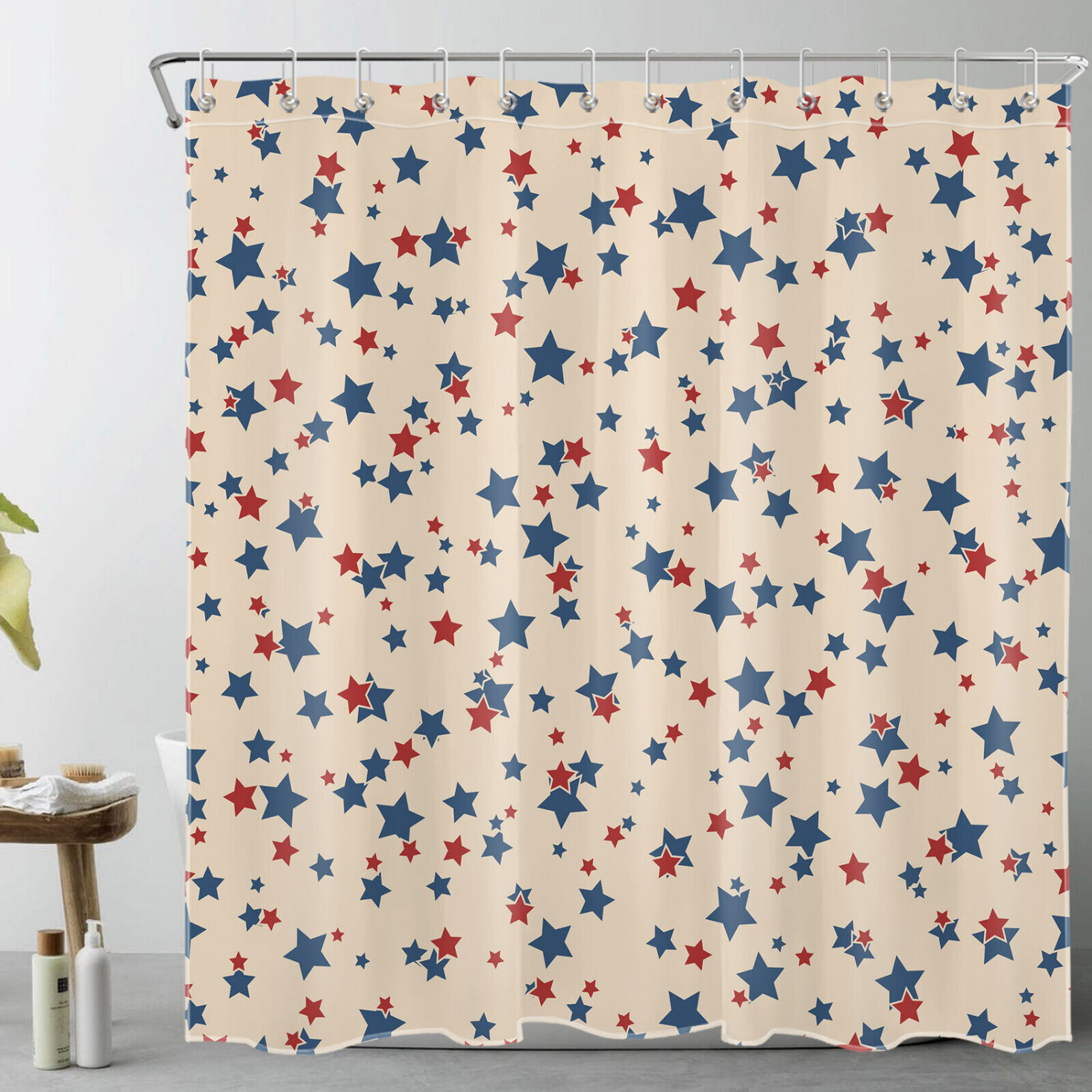 Independence Day Beige Shower Curtain with Red and Blue Star for Bathroom Decor