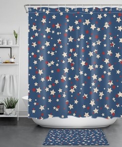 Independence Day Blue Shower Curtain with Red and Beige Star for Bathroom Decor