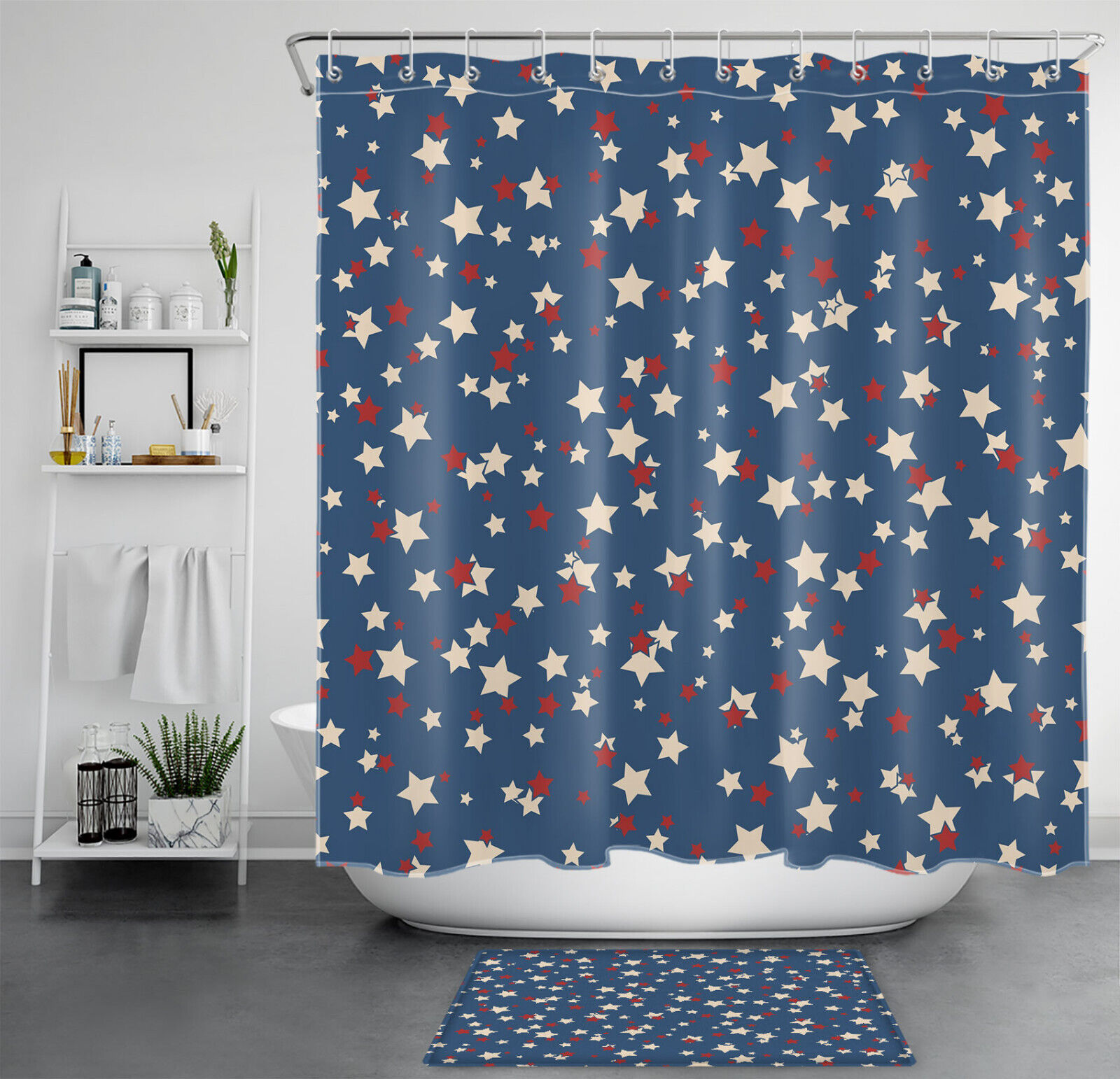 Independence Day Blue Shower Curtain with Red and Beige Star for Bathroom Decor