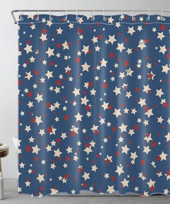 Independence Day Blue Shower Curtain with Red and Beige Star for Bathroom Decor