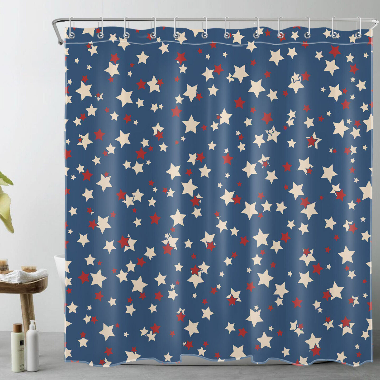 Independence Day Blue Shower Curtain with Red and Beige Star for Bathroom Decor