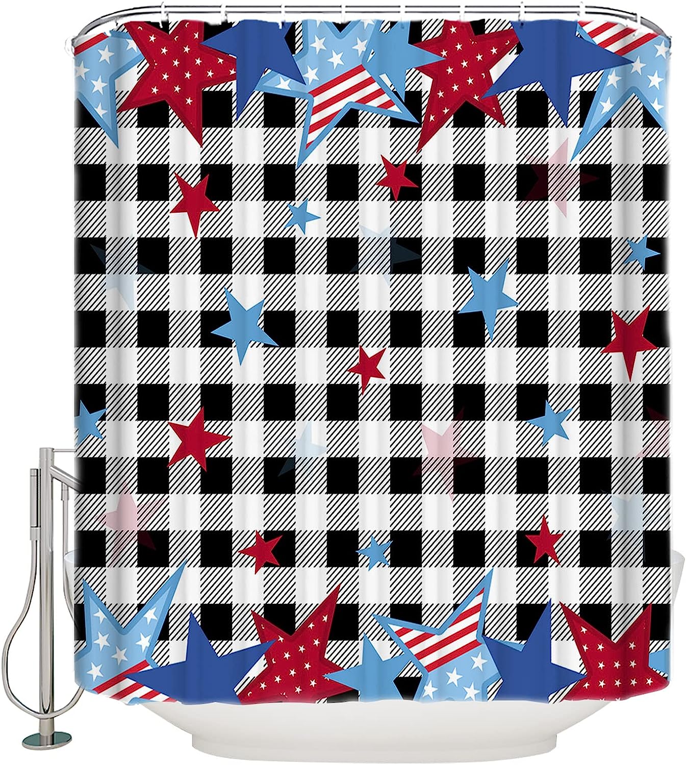 Independence Day Buffalo Plaid Shower Curtain - Freedom Stars Flag Waterproof Bath Curtain For Rustic Bathroom Decor