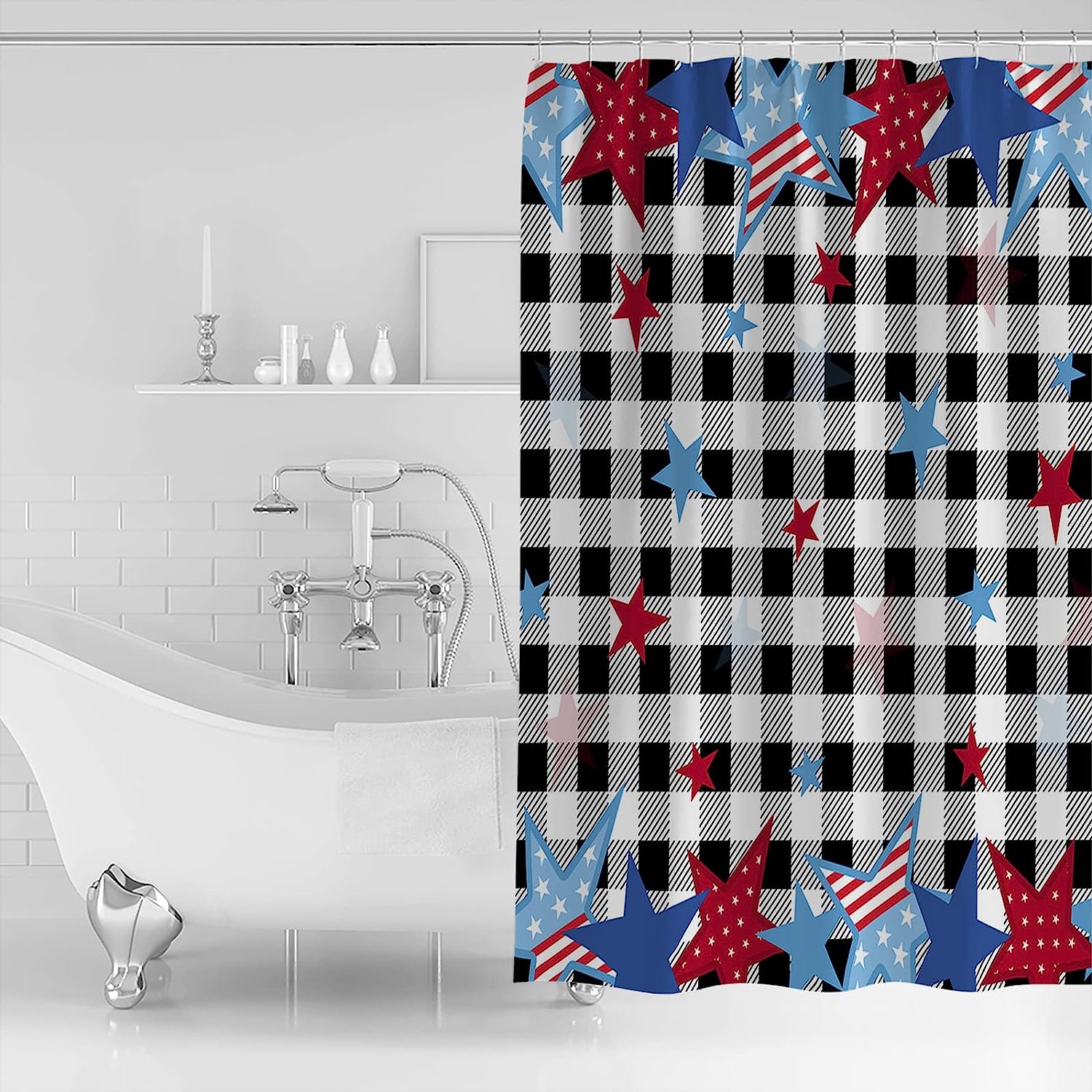 Independence Day Buffalo Plaid Shower Curtain - Freedom Stars Flag Waterproof Bath Curtain For Rustic Bathroom Decor - Image 2