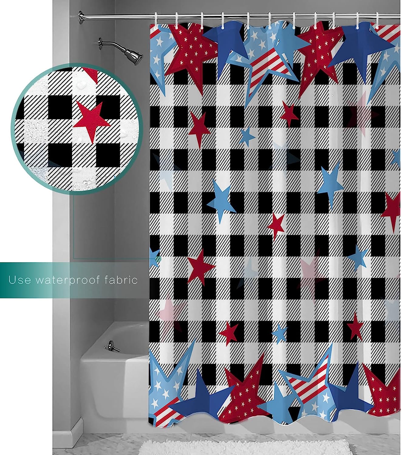 Independence Day Buffalo Plaid Shower Curtain - Freedom Stars Flag Waterproof Bath Curtain For Rustic Bathroom Decor - Image 3