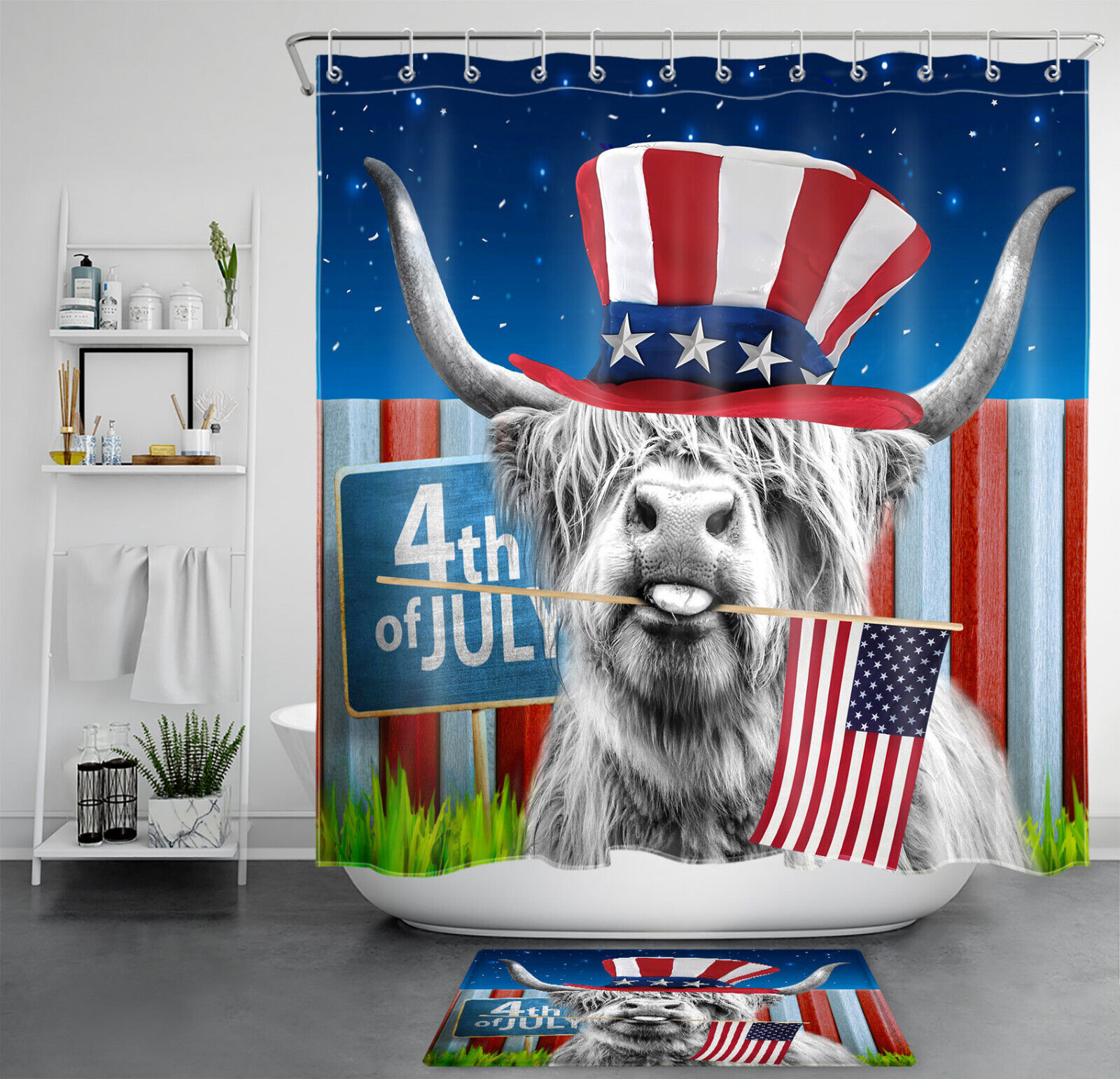 Independence Day Highland Cow Shower Curtain For Patriotic Bathroom Decor