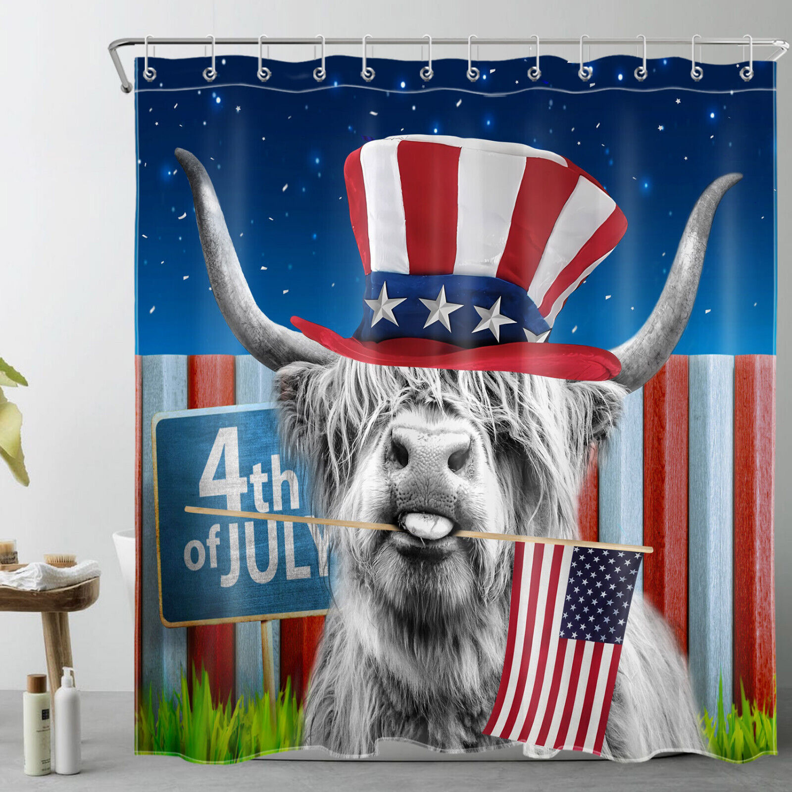 Independence Day Highland Cow Shower Curtain For Patriotic Bathroom Decor