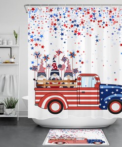 Independence Day Shower Curtain with Gnome, Blue Red Truck, and Star for a Festive Touch