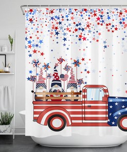 Independence Day Shower Curtain with Gnome, Blue Red Truck, and Star for a Festive Touch