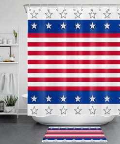Independence Day Shower Curtain with Red and Blue Stripes and Star Design