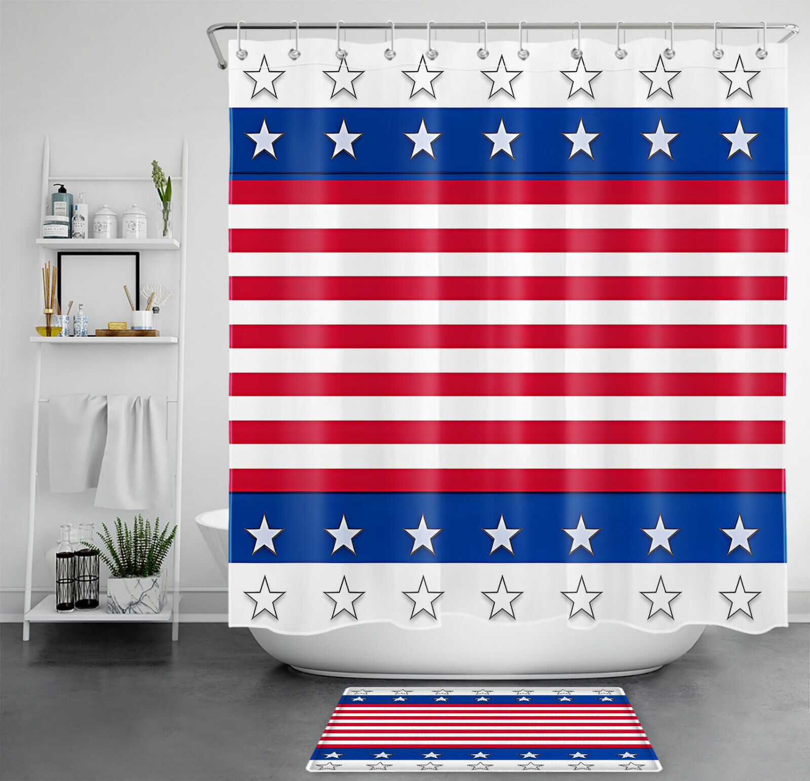 Independence Day Shower Curtain with Red and Blue Stripes and Star Design