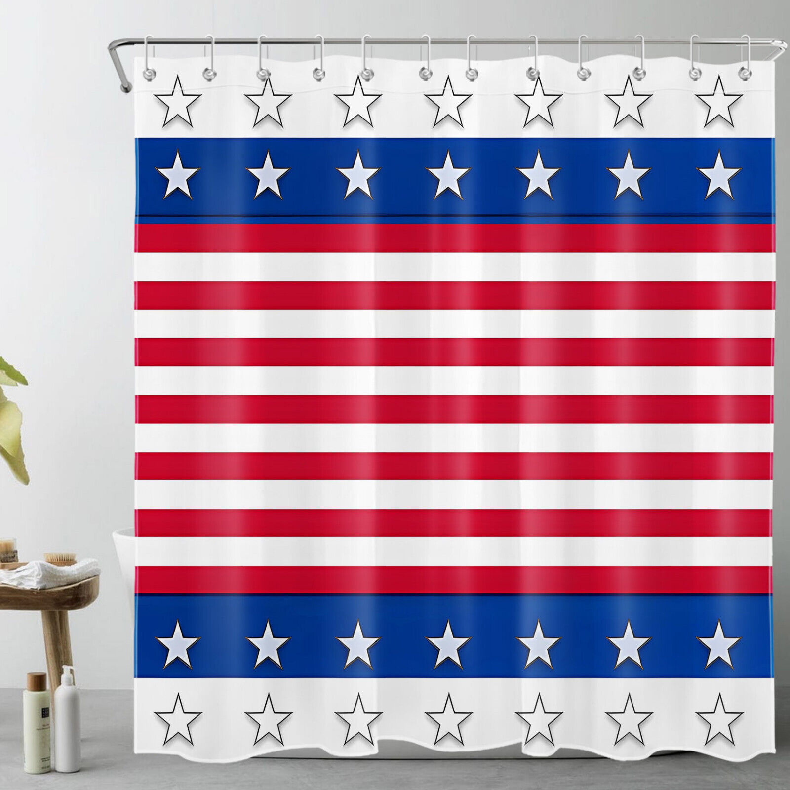 Independence Day Shower Curtain with Red and Blue Stripes and Star Design