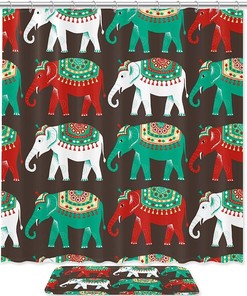 Indian Elephant Green White Red Print Shower Curtain For Unique Bathroom Decor