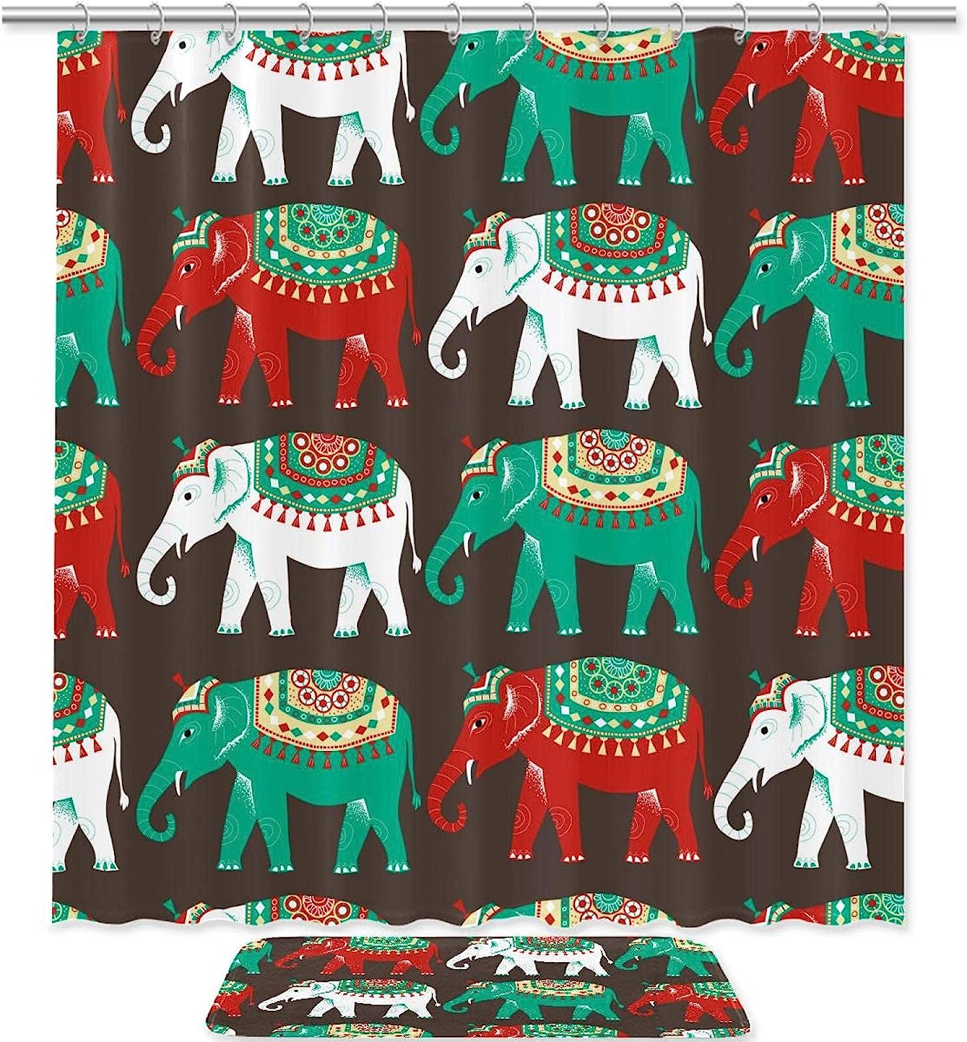 Indian Elephant Green White Red Print Shower Curtain For Unique Bathroom Decor