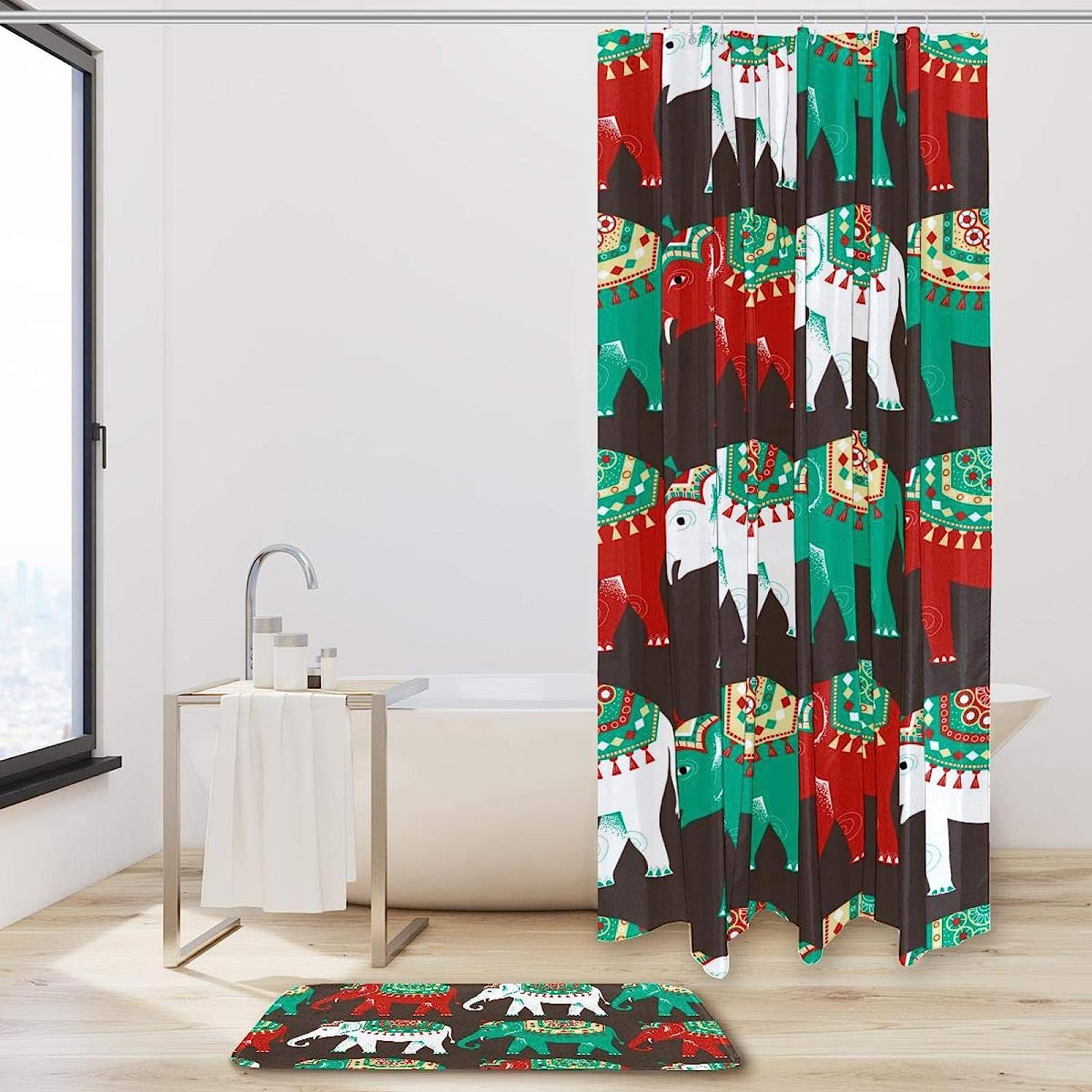 Indian Elephant Green White Red Print Shower Curtain For Unique Bathroom Decor