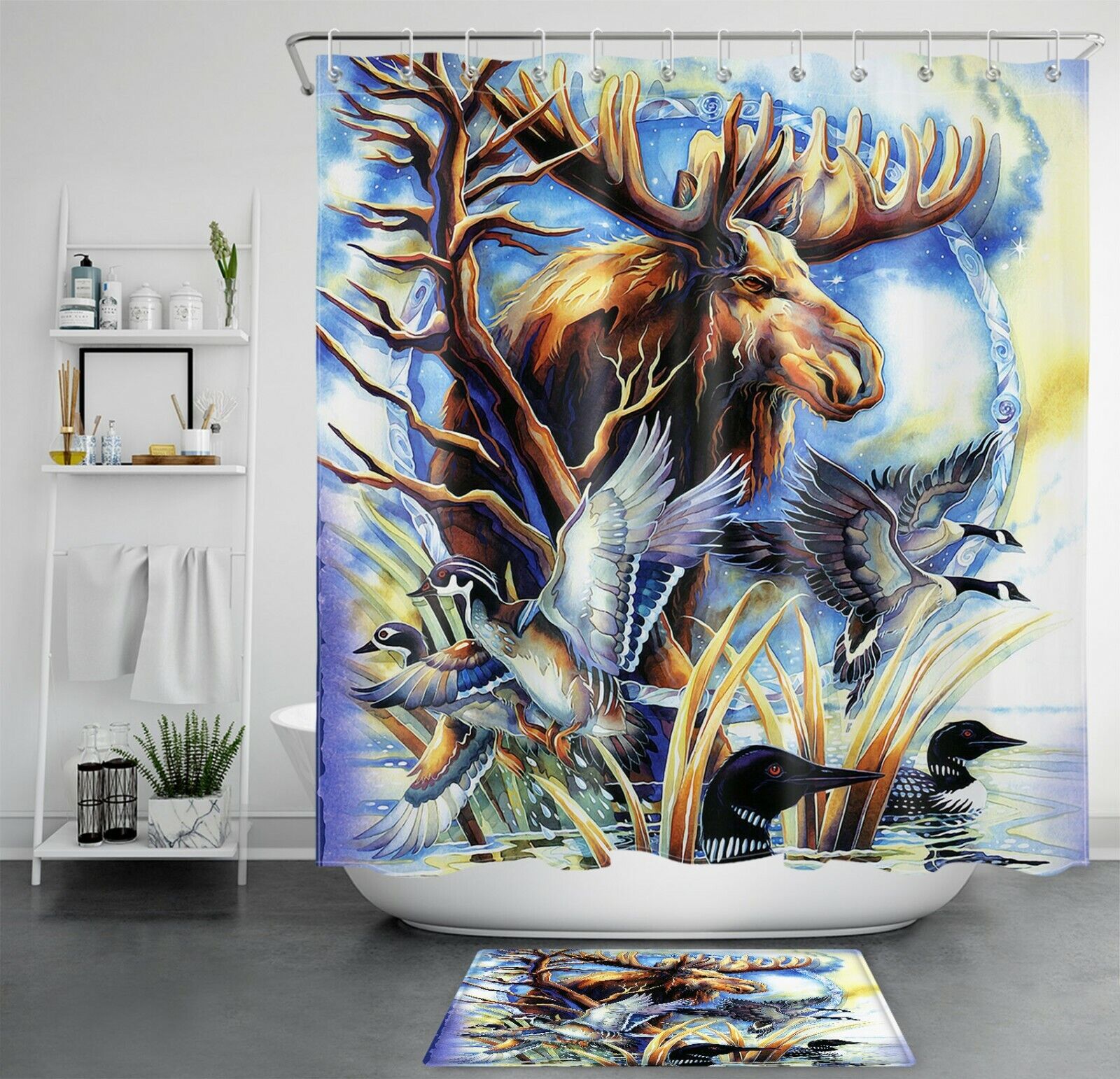 Indian Style Wild Moose Mallard Shower Curtain with Print Design