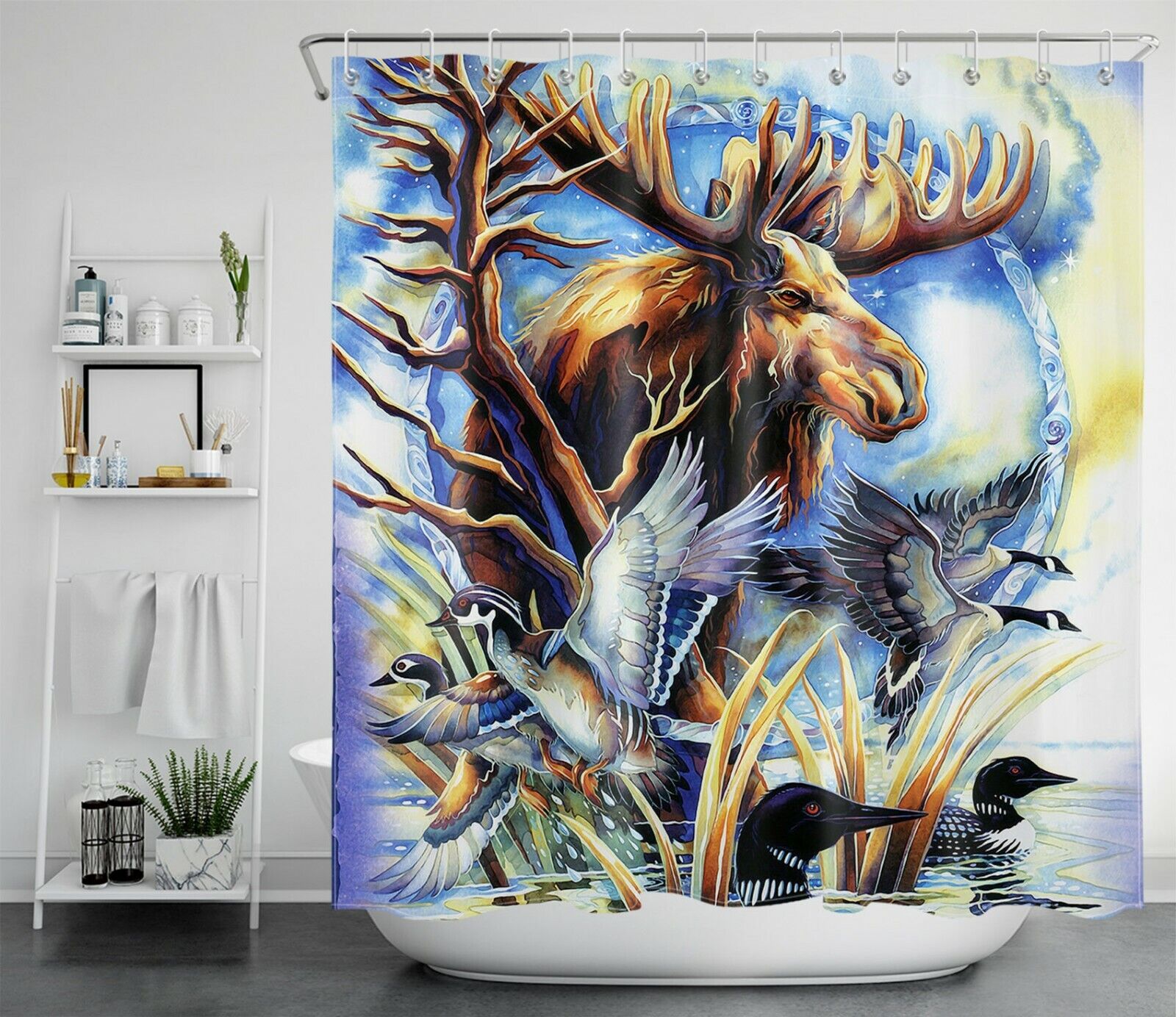 Indian Style Wild Moose Mallard Shower Curtain with Print Design