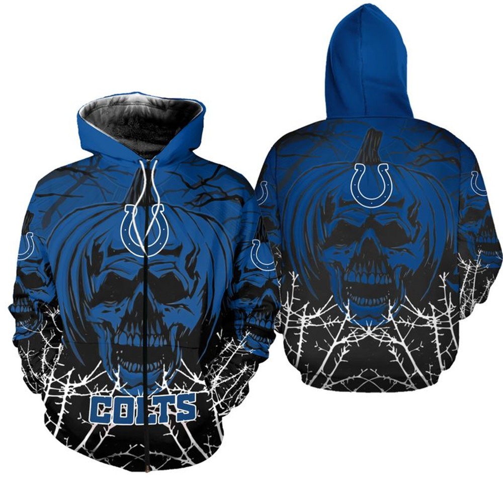 Indianapolis Colts Halloween Pumpkin Skull 3D Zip Hoodie - Gifts For Father'S Day