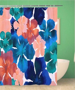Indigo Blue Floral Tropical Hibiscuses Shower Curtain With Watercolor Pattern