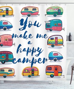 Indigo Yellow You Make Me Happy Camper Motivational Words With Caravans Retro Style Travel Graphic Shower Curtain