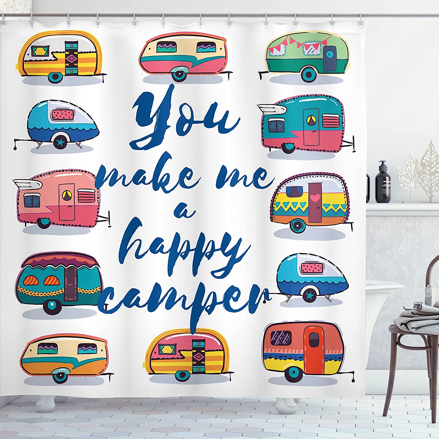 Indigo Yellow You Make Me Happy Camper Motivational Words With Caravans Retro Style Travel Graphic Shower Curtain
