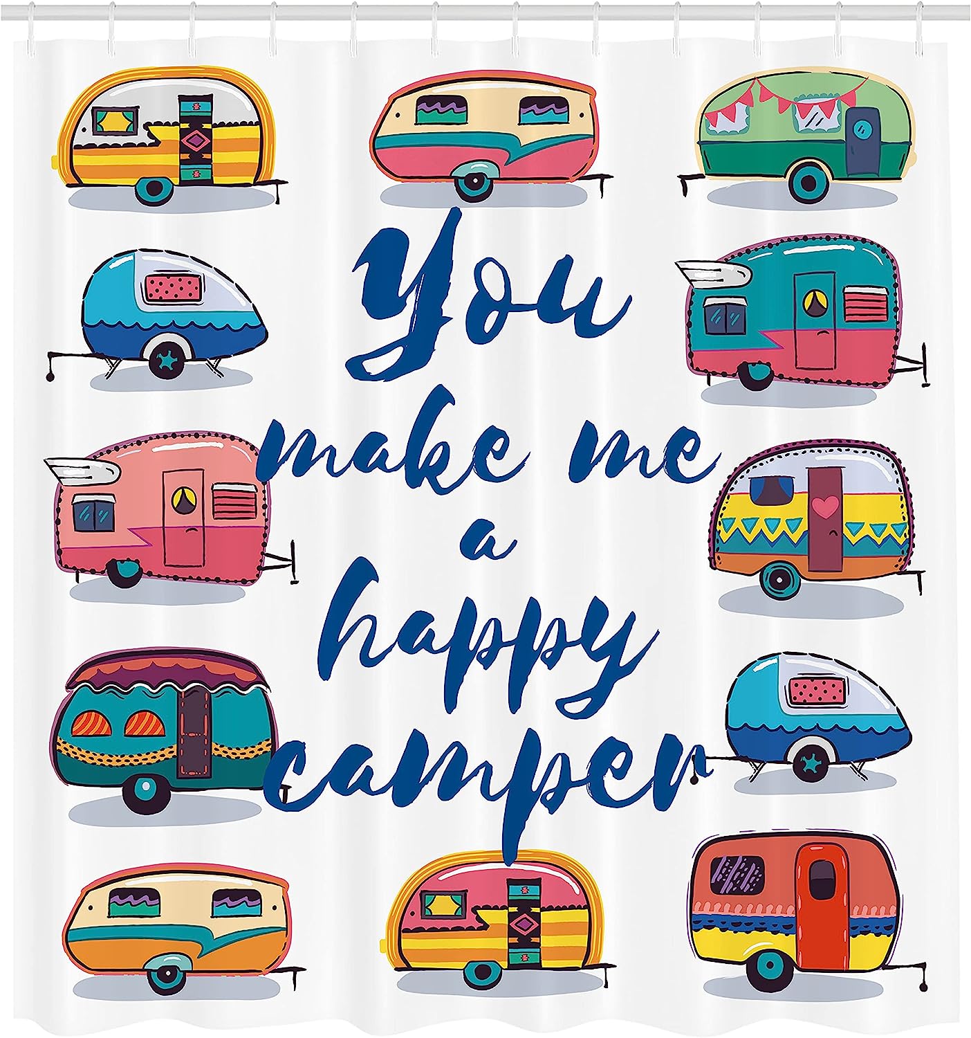 Indigo Yellow You Make Me Happy Camper Motivational Words With Caravans Retro Style Travel Graphic Shower Curtain - Image 2